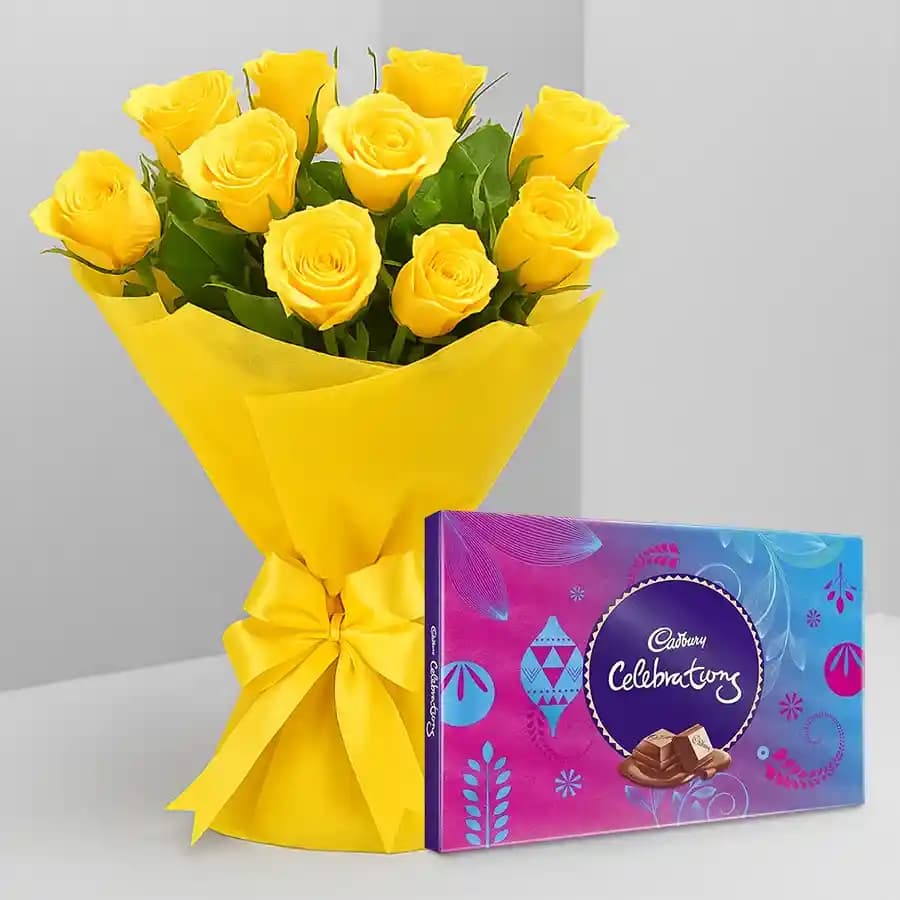 Beautiful Yellow Roses Bouquet N Cadbury Celebrations