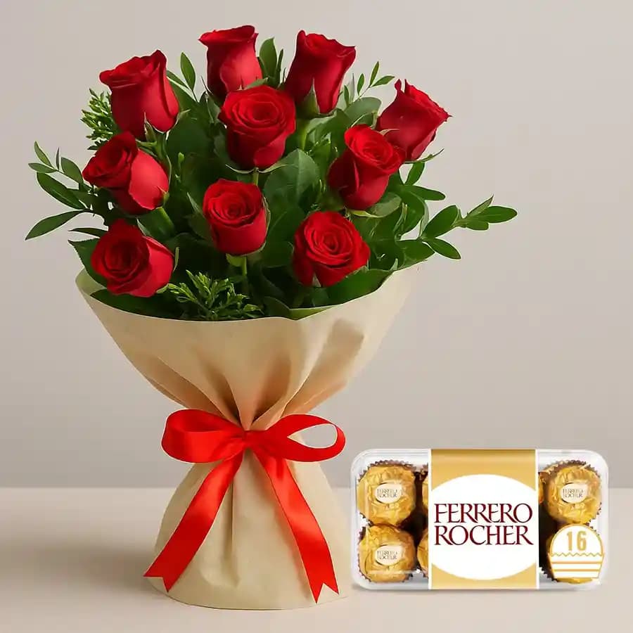 Selection of Red Roses Bouquet with Ferrero Rocher Chocolates