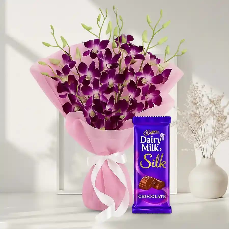 Gorgeous Bouquet of Orchids with Cadbury Dairy Milk Silk