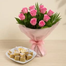 Marvelous Pink Roses Bouquet with Kaju Katli 1