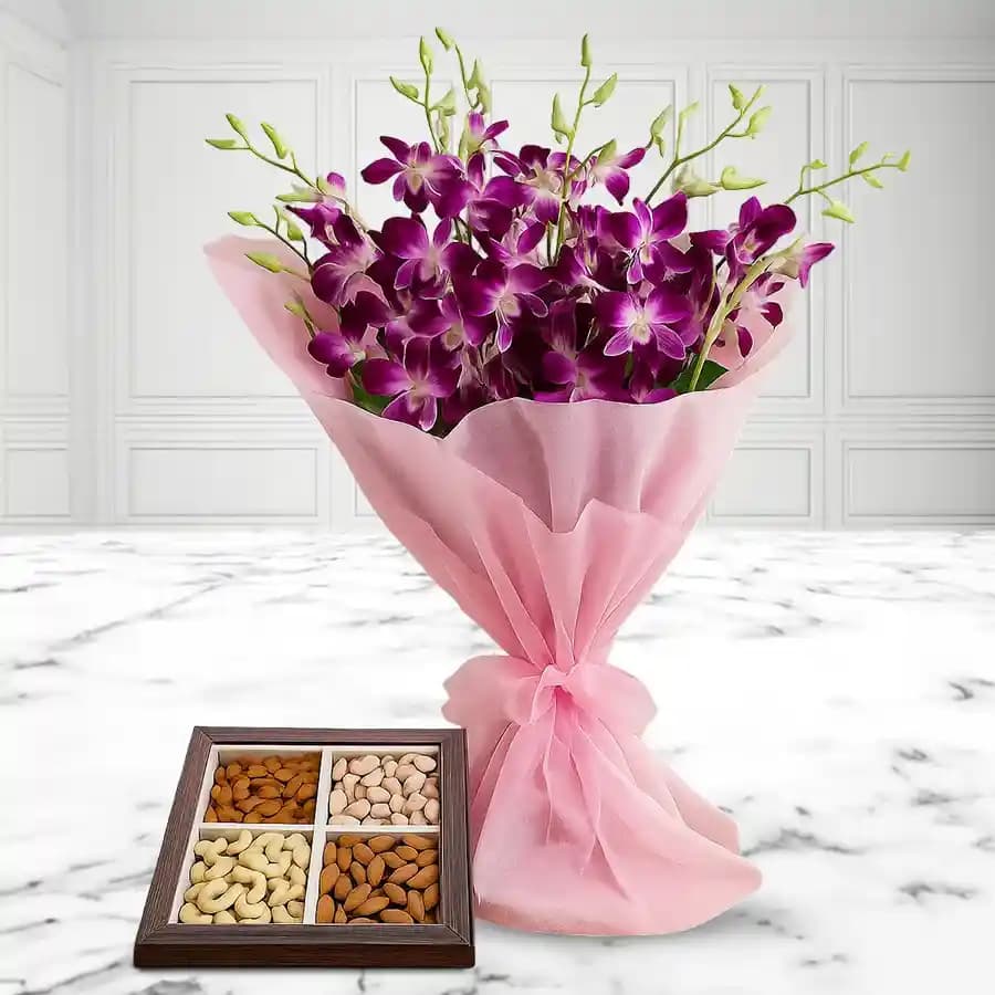 Special Dry Fruits Tray with Orchids Bouquet
