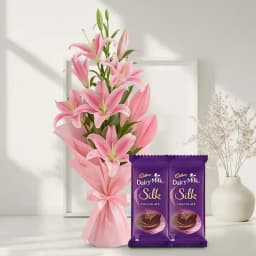 Wonderful Oriental Pink Lilies Bouquet with Dairy Milk Silk 1