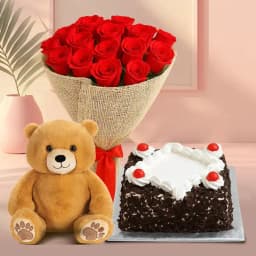Delicious Black Forest Cake with Red Rose Bouquet and Teddy 1