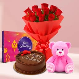 Chocolate Cake with Rose Bouquet Teddy and Cadbury Celebrations 1