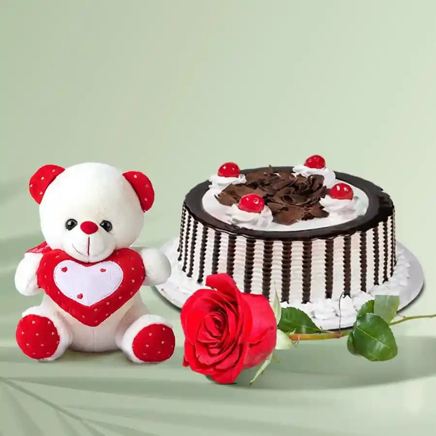 Delicious Black Forest Cake with Rose and Teddy