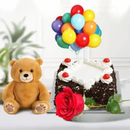 Special Rose with Black Forest Cake Teddy and Balloons 1
