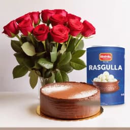 12 Red Roses and Rasgulla with Eggless Cake 1 Kg. 1