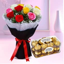 Beautiful Mixed Roses Bunch with Ferrero Rocher Chocolates 1