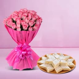 Delicious Kaju Kalti with Pink Roses Bunch 1
