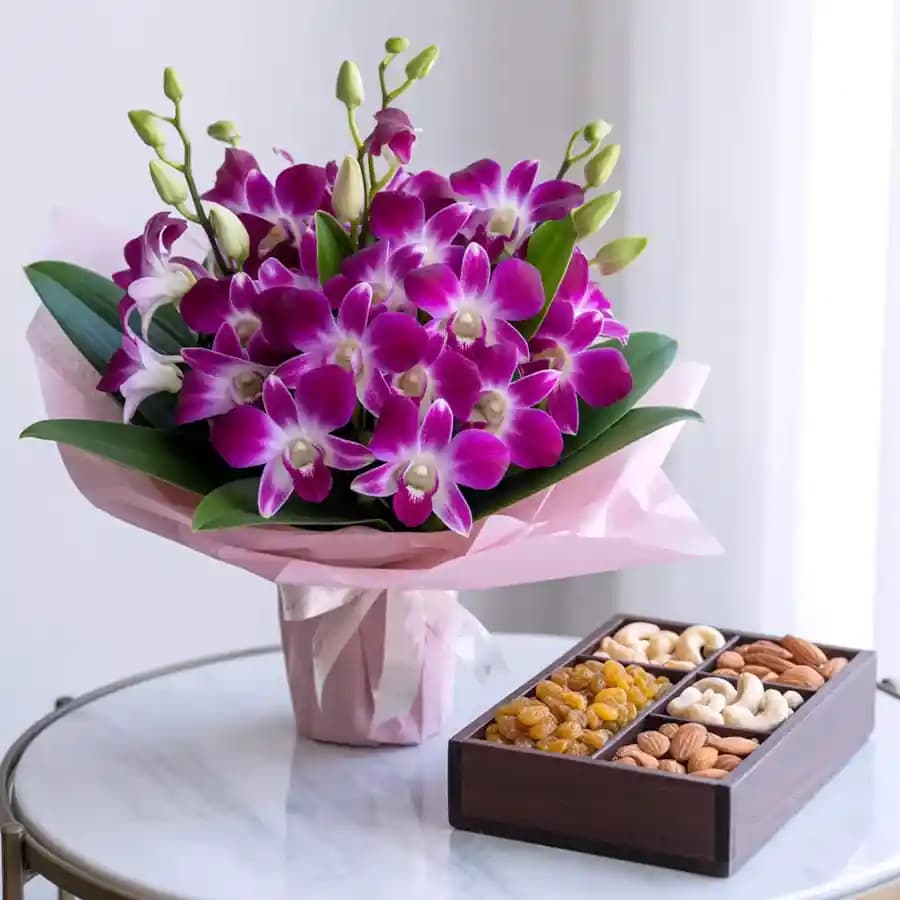 Orchids Bouquet and 500 gms Dry Fruits
