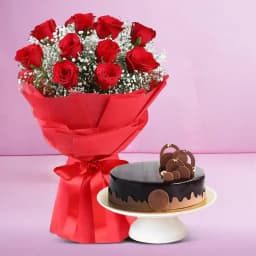 Vibrant Red Rose Bouquet with Chocolate Cake 1