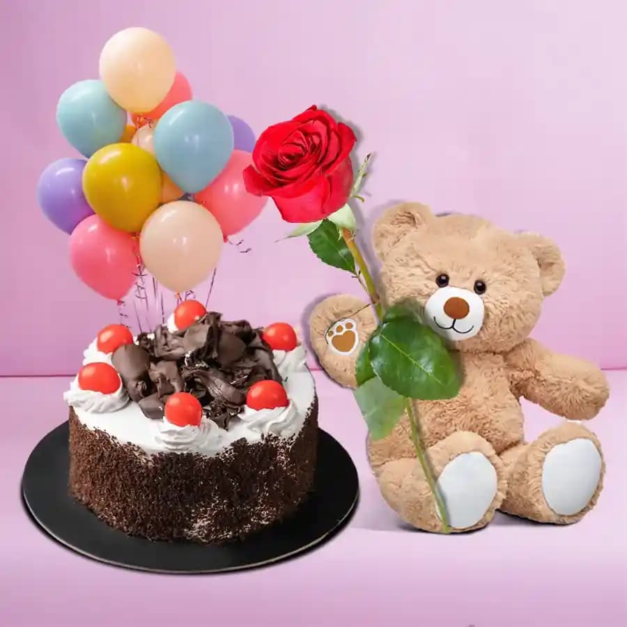 Pretty Single Rose Gift with Fresh Black Forest Cake Teddy and Balloons