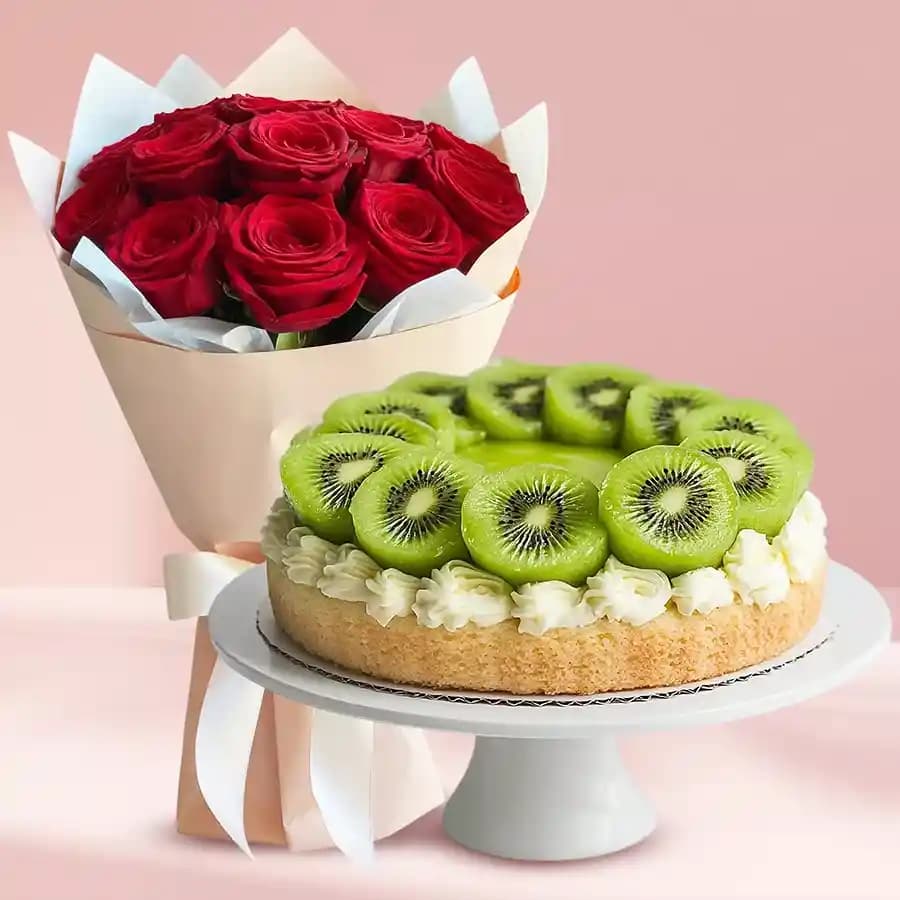 Expressive Bouquet of Red Roses with Kiwi Cake