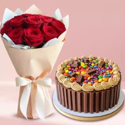Gorgeous Bouquet of Red Roses with Kit Kat Cake 1