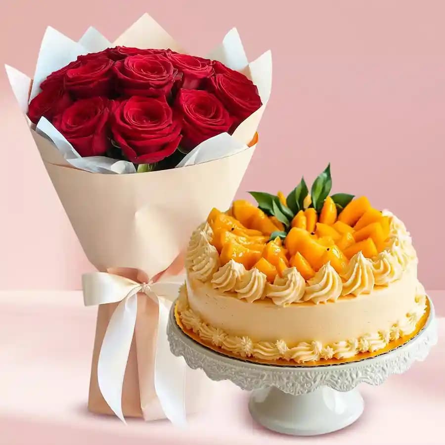 Marvelous Red Roses Bouquet with Mango Flavour Cake