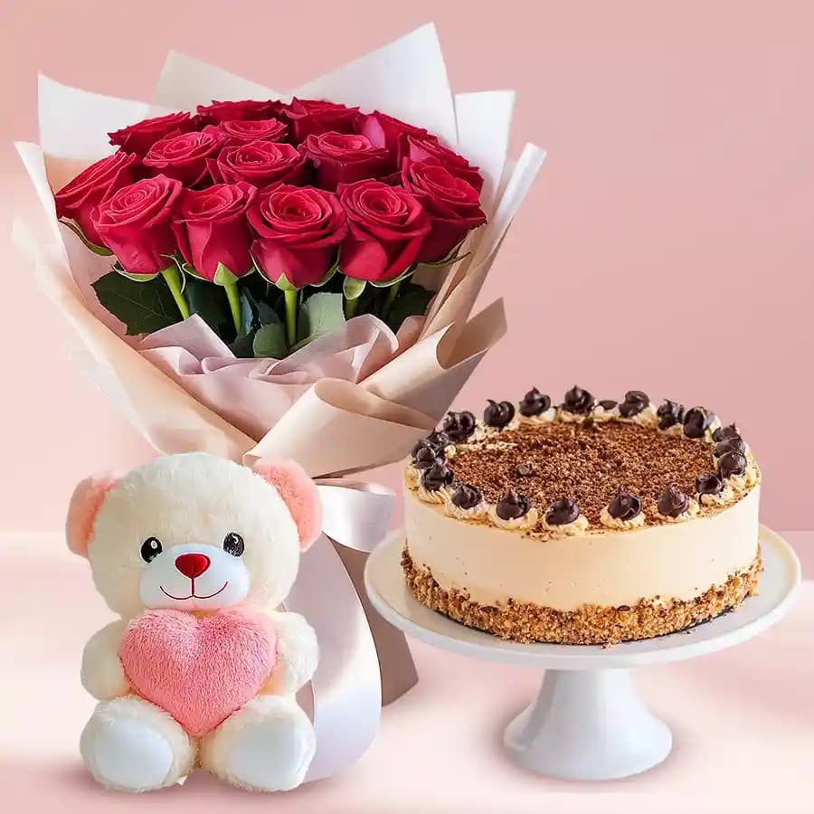 Amazing Combo of Red Roses Bouquet with Coffee Cake N Teddy