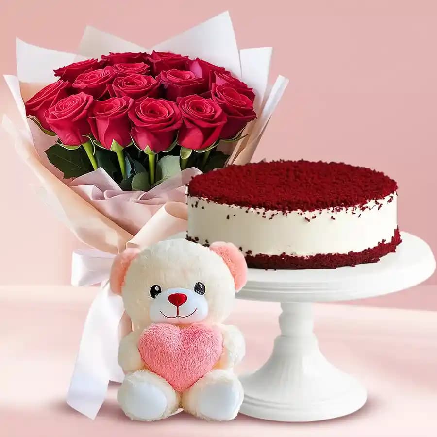 Mouth Watering Red Velvet Cake with Red Roses Bouquet N Teddy