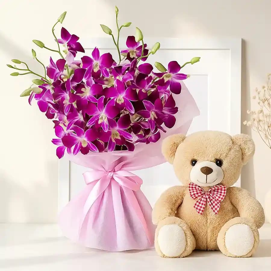 Dazzling Combo of Orchids Bunch N Teddy