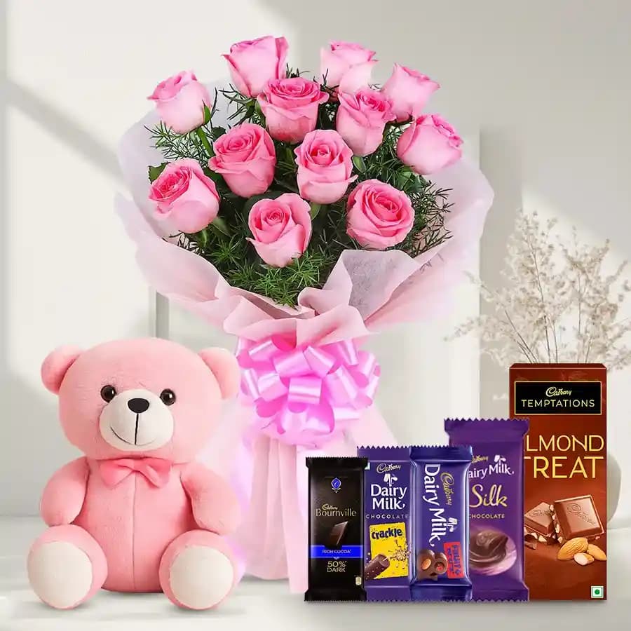 Bouquet of Pink Roses with Teddy N Assorted Cadbury Chocolates