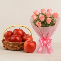 Delicious Apples in Basket with Pink Rose Bouquet 1
