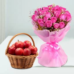 Delicious Fresh Apples Basket with Pink Roses Bouquet 1