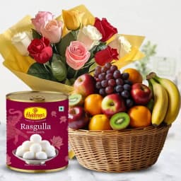 Delightful Mixed Fruits Basket with Mixed Roses Bouquet and Haldirams Rasgulla 1