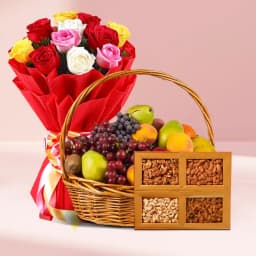 Combo of Assorted Fruits Basket with Dry Fruits N Flowers Arrangement 1