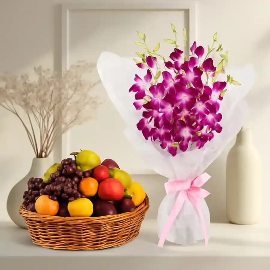 Delectable Fresh Fruits Basket with Orchids Bouquet