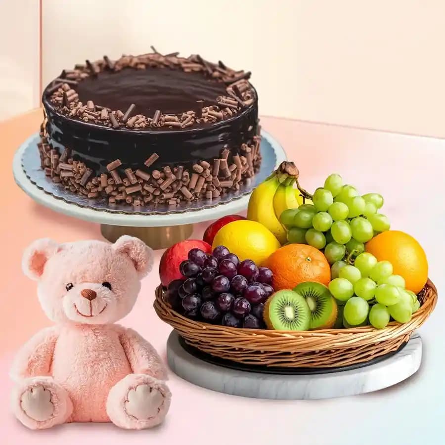Premium Fresh Fruits Basket with Chocolate Cake and Teddy with Candles