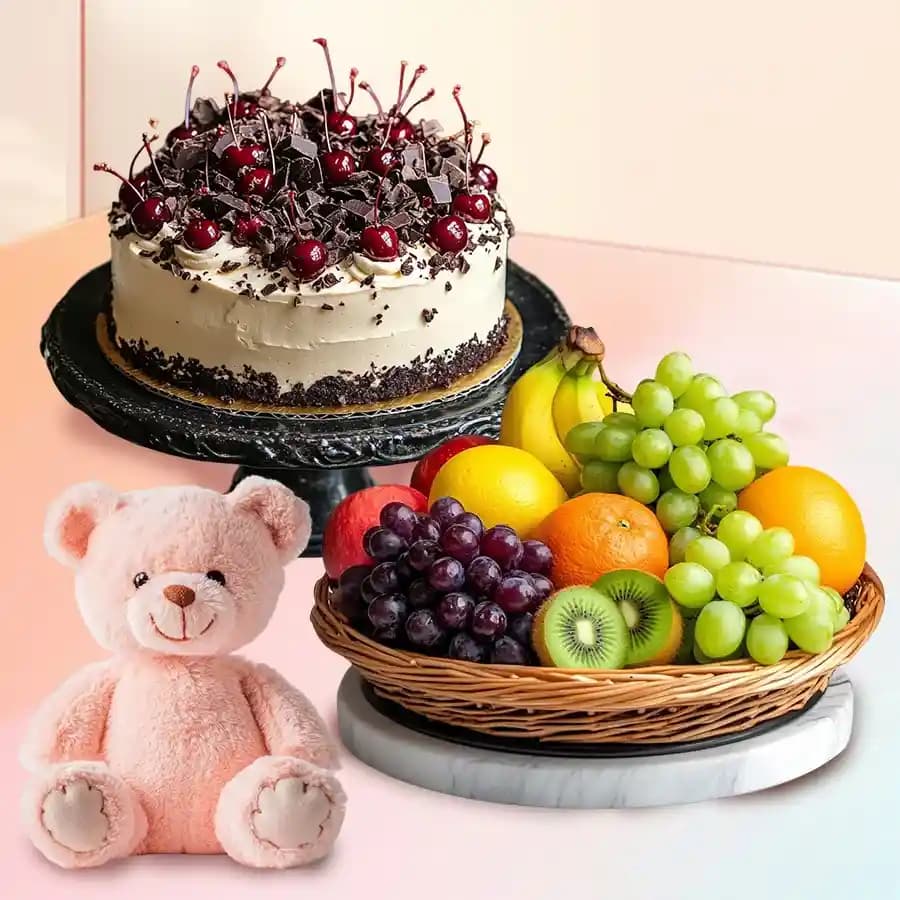 Delicious Fruits Basket Black Forest Cake and Teddy with Candles