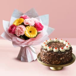 Mixed Flowers Bouquet with Black Forest Cake 1