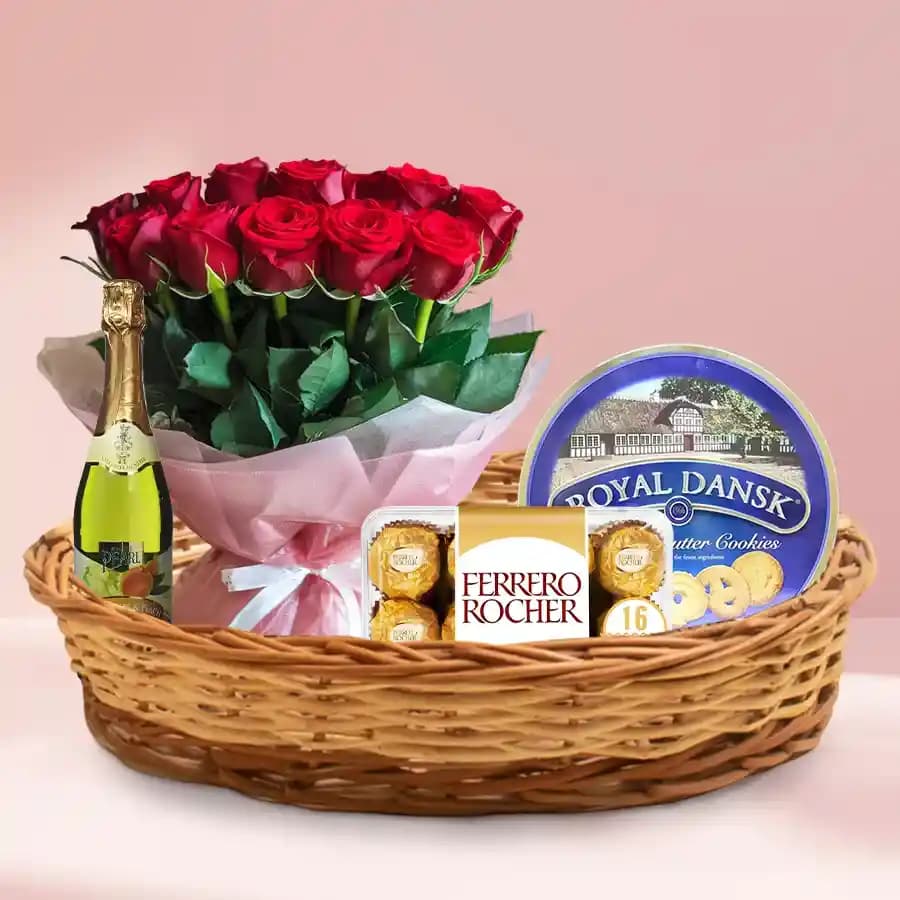 Luscious Taste of Tradition Gourmet Basket with Red Rose Bunch