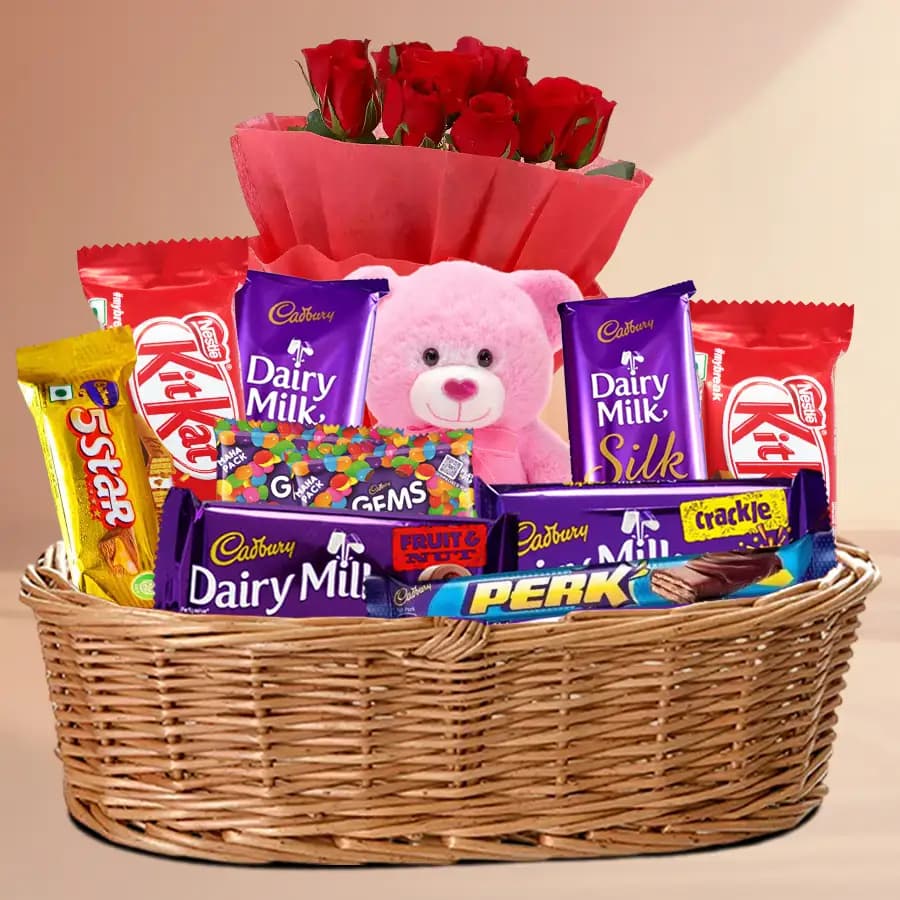Yummy Chocolates Gift Basket with Red Roses