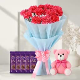 Wonderful Carnations Bouquet with Chocolates N Teddy 1