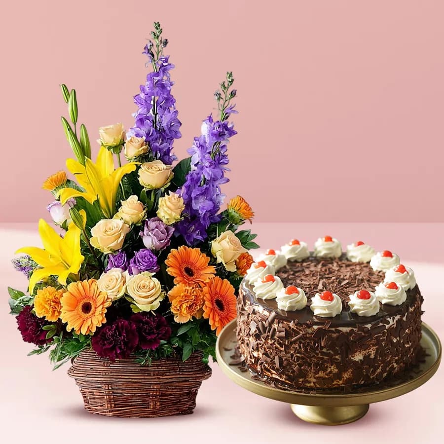 Striking Seasonal Flowers with Black Forest Cake