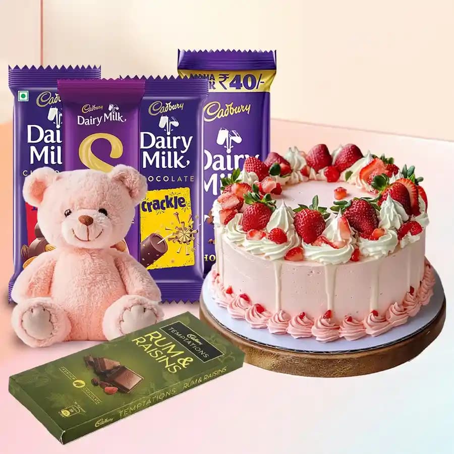 Mouthwatering Strawberry Cake with Chocolates N Teddy