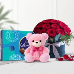 Lovely Bucket of Red Roses with Teddy N Cadbury Celebration 1