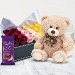 Lovely Gift Box of Dutch Roses with Teddy N Dairy Milk Silk 1