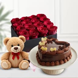Delightful Box of Red Roses with a Heart Shape Chocolate Cake N Teddy 1