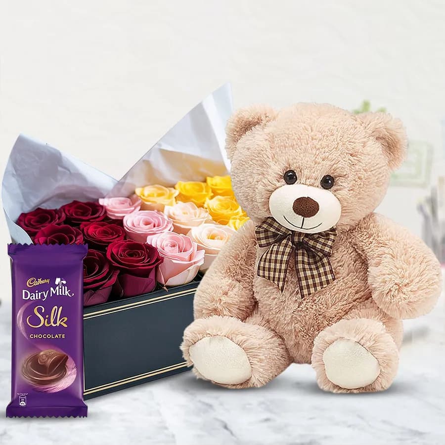 Beautiful Dutch Roses Box with Dairy Milk Silk N Teddy