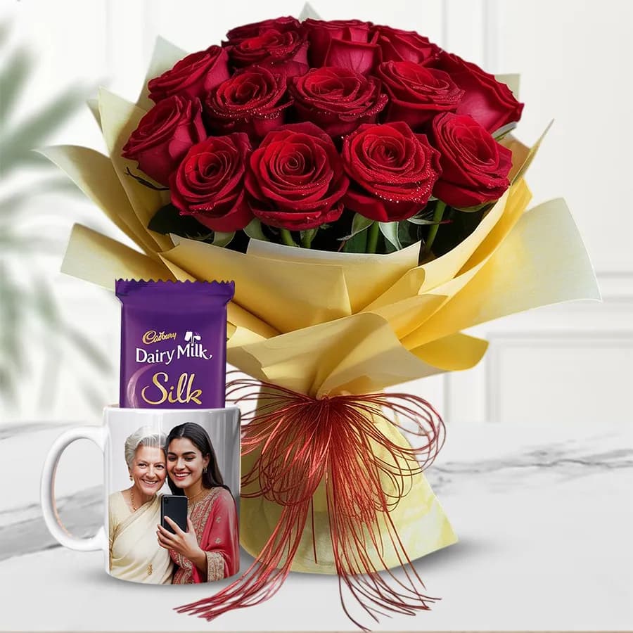 Arresting Red Rose Bouquet with Personalized Mug N Dairy Milk Silk