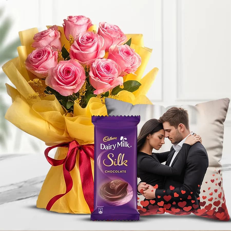 Magical Pink Rose Bunch with Personalized Cushion N Cadbury Silk