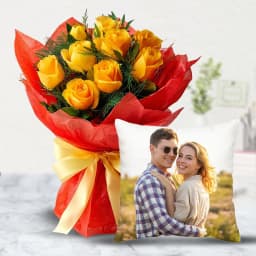 Lovely Bunch of Yellow Roses with Personalized Photo Cushion 1
