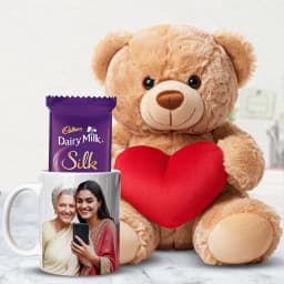 Lovely Gift of Teddy Bear with Personalized Mug N Cadbury Silk 1
