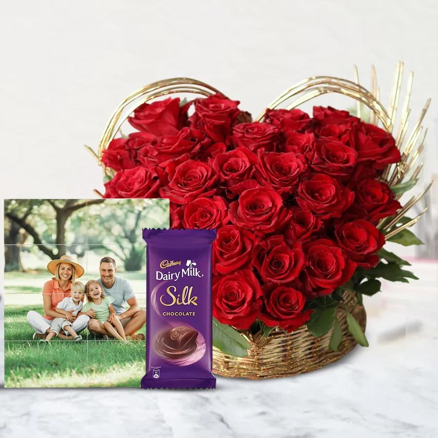 Romantic Heart Shape Rose Bouquet with Photo Tile N Cadbury Silk
