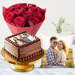 Remarkable Chocolate Flavor Photo Cake with Cushion N Red Roses 1