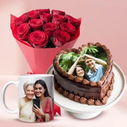 Special Combo of Heart Shape Chocolate Cake with Mug N Red Rose Bouquet 1