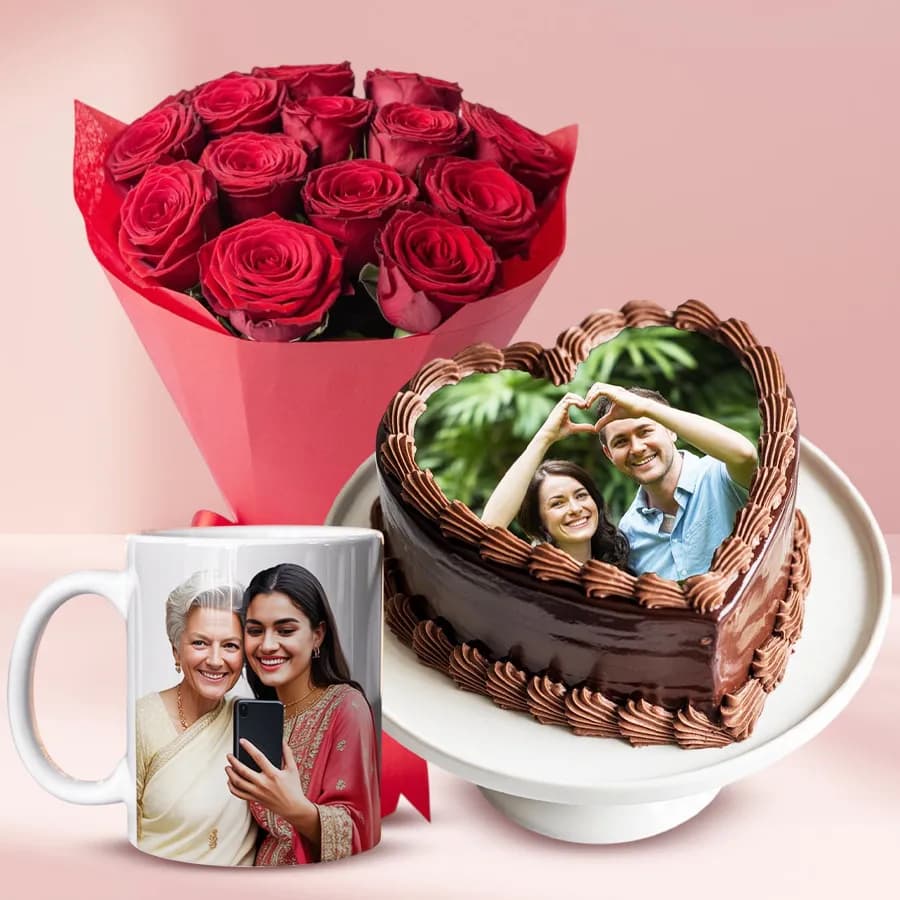Special Combo of Heart Shape Chocolate Cake with Mug N Red Rose Bouquet