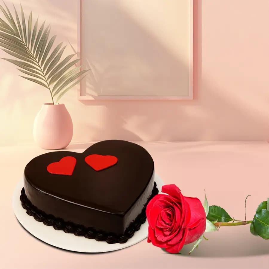 Chocolaty Treat of Heart Shape Cake with Single Red Rose