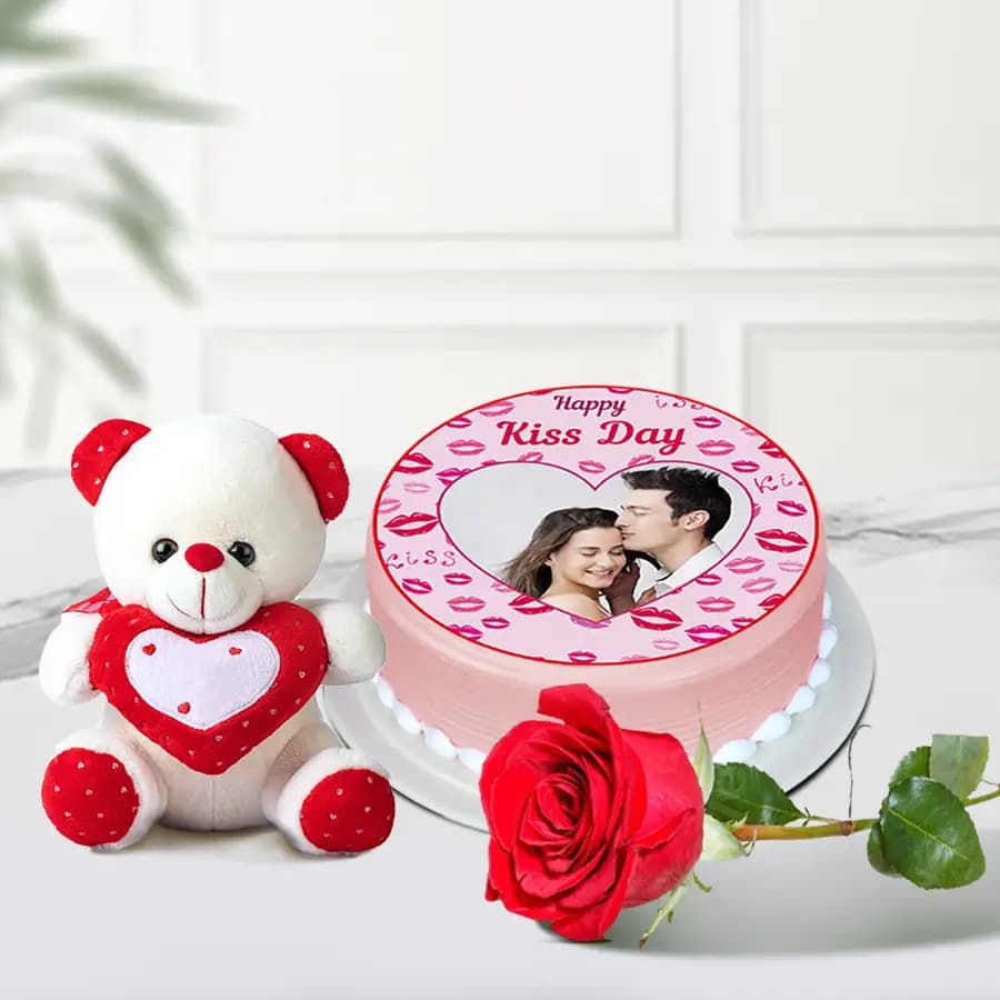 Vibrant Combo of Photo Cake with Single Rose N Cute Teddy